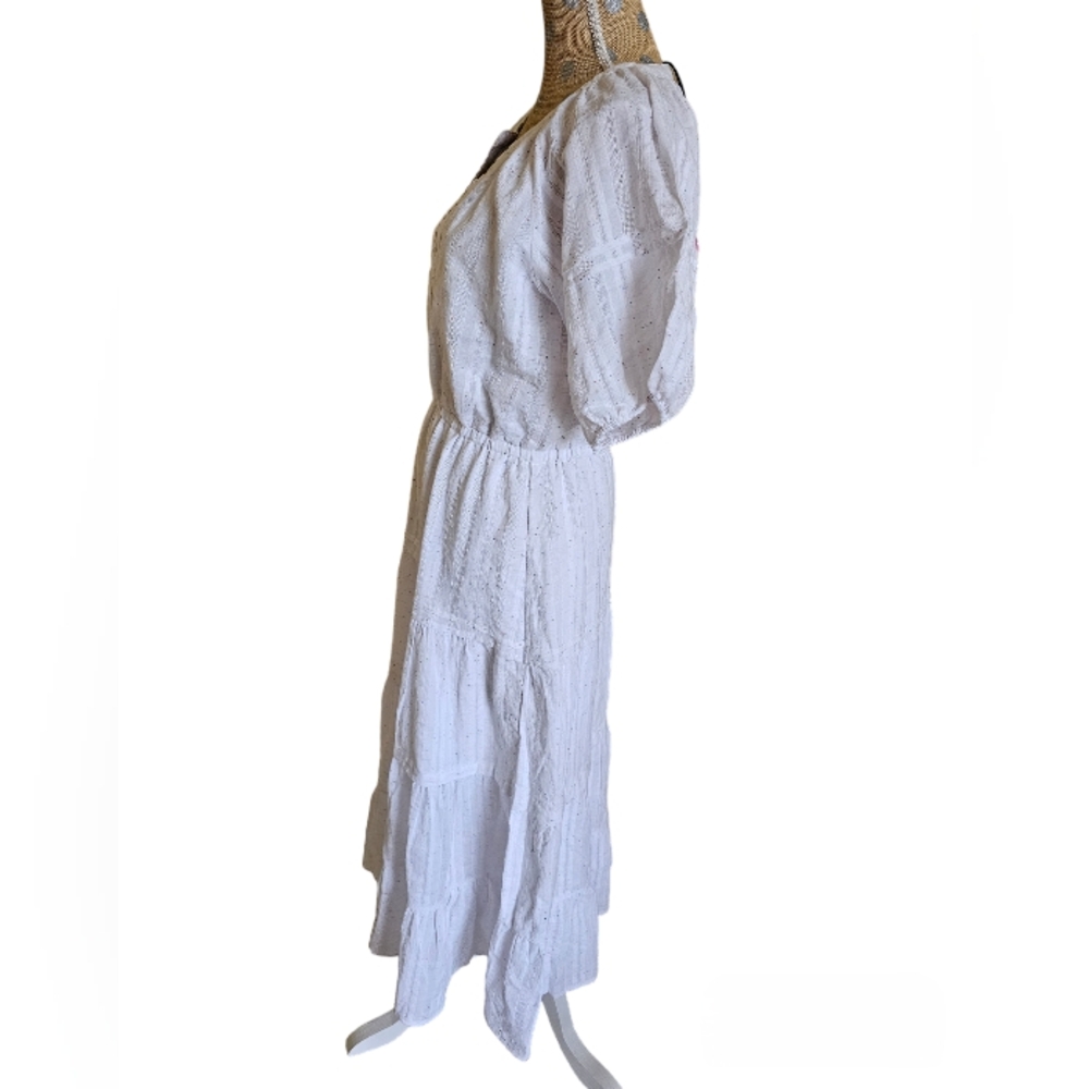 NWT Betsey Johnson puff sleeve tiered boho white cotton dress medium - Picture 3 of 13